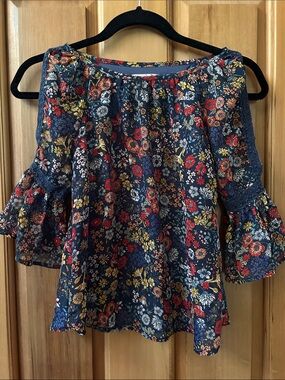 Knitworks Navy Floral Cold-Shoulder Ruffle Blouse